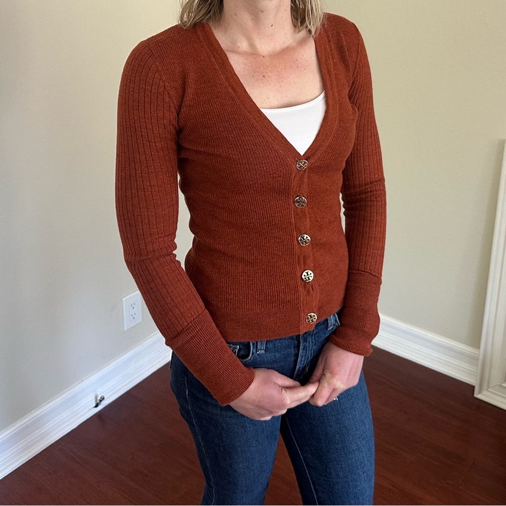 Tory Burch Women's Rust Sweater Cardigan with golden buttons - hole in elbow